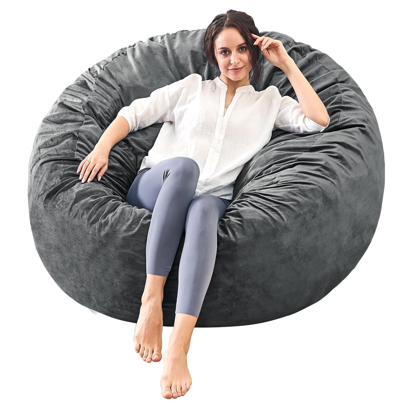 **Memory Foam Bean Bag Chair for Adults & Kids - 4ft Round Fluffy Sofa with Soft Microfiber Cover - Grey - Perfect for Living Room, Bedroom, College Dorm & Game Room**