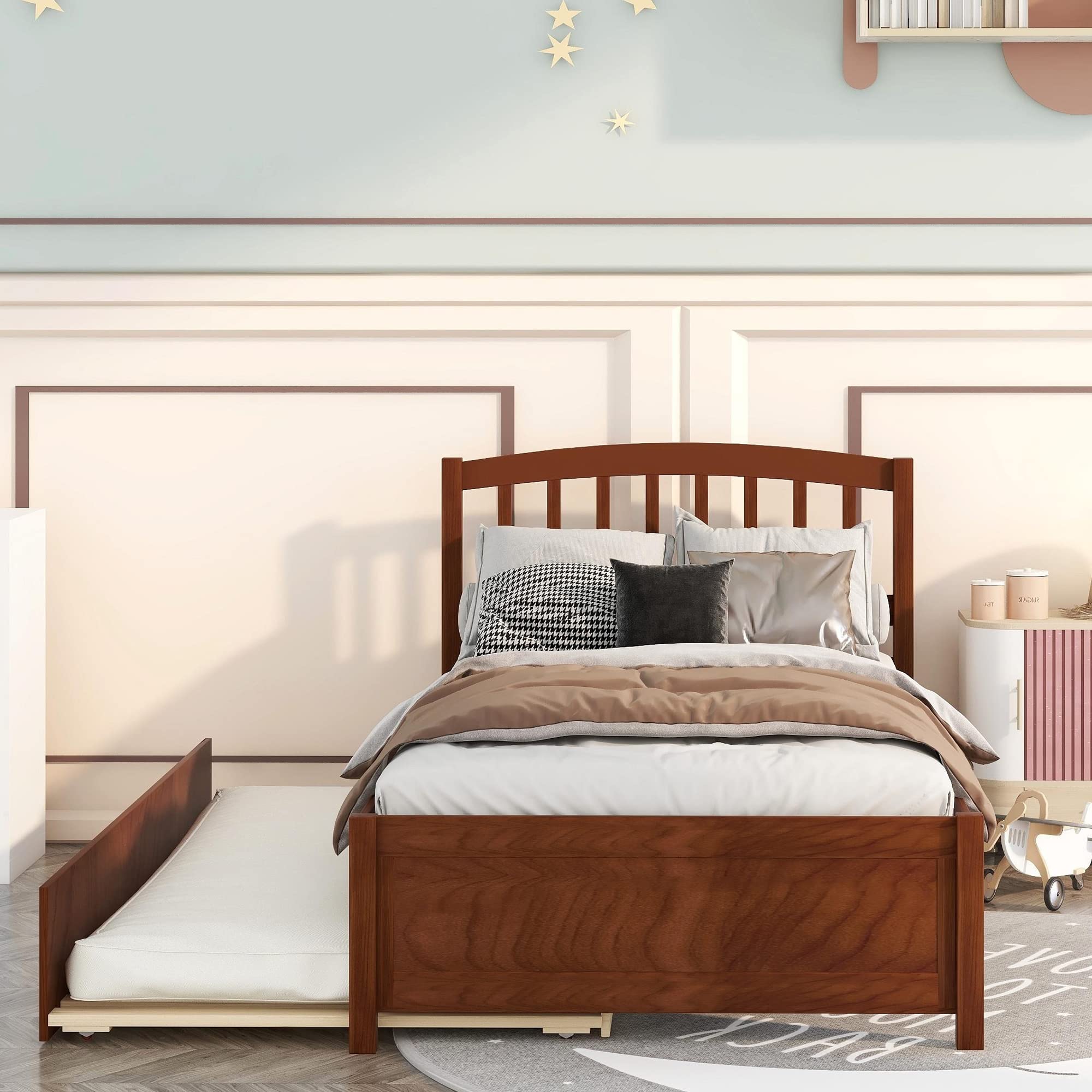 Harper & Bright Designs Twin Size Wooden Platform Bed with Trundle & Headboard - Sturdy Kids Bed Frame in Walnut Finish for Small Spaces, Guest Rooms & Children's Bedrooms