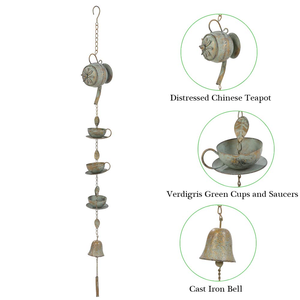 Jemeni 40 Inch Tall Hanging Teapot & Cups Wind Chime with Bell - Antique Green Patina Finish | Outdoor Garden Decor, Patio Wind Chime, Unique Backyard Ornament