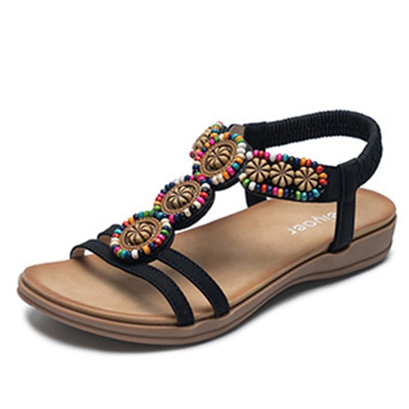 EastMetal Gladiator Sandals for Women - Summer Bohemian Combat Sandals with Horn Design - Comfortable Beach & Resort Footwear - Black Size 5 - Perfect for Vacation, Music Festivals & Outdoor Adventures