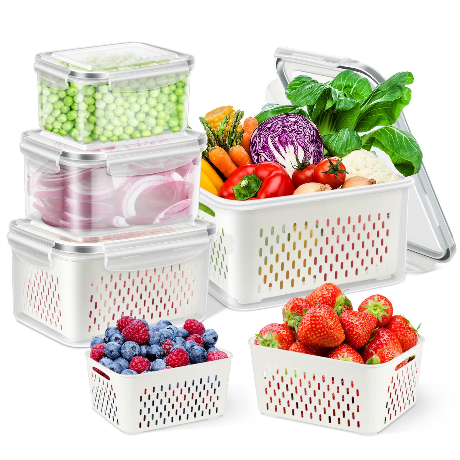 TBMax 4-Pack Airtight Fruit Storage Containers for Refrigerator - Large Produce Saver with Lid & Colander for Berries, Lettuce, Salad, Vegetables | Fridge Organizers & Food Storage | Perfect for Meal Prep, Grocery Organization & Fresh Food Preservation