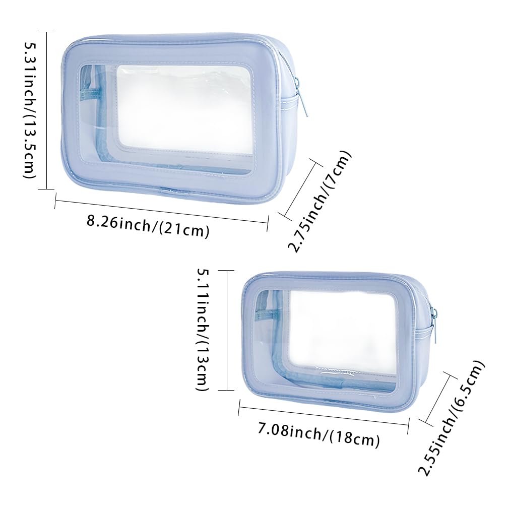 ONEART 2-Piece Light Blue Clear Makeup Toiletry Bags - Waterproof Travel Cosmetic Organizer & Transparent Storage Pouch for Makeup Brushes, Skincare, Jewelry | Perfect for Vacation, Gym, Beach Trips & Daily Organization