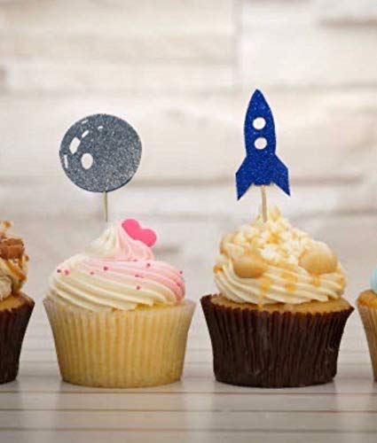Space Cupcake Toppers Set - Moon & Rocket Cake Decorations for Astronaut Birthday Party, Space Theme Celebration, Baby Shower & DIY Baking Supplies (12-Pack)