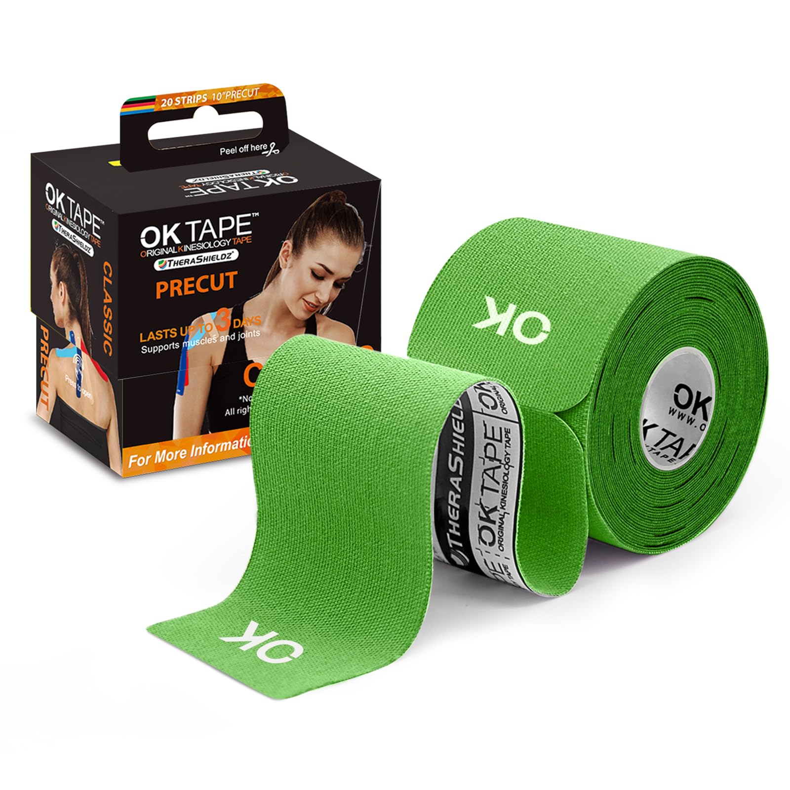 OK TAPE Kinesiology Tape - 10 Inch Precut Strips (20 Count), 2in x 16ft Cotton Elastic Athletic Tape, Latex-Free for Pain Relief & Muscle Support - Ideal for Sports, Fitness & Physical Therapy (Green)