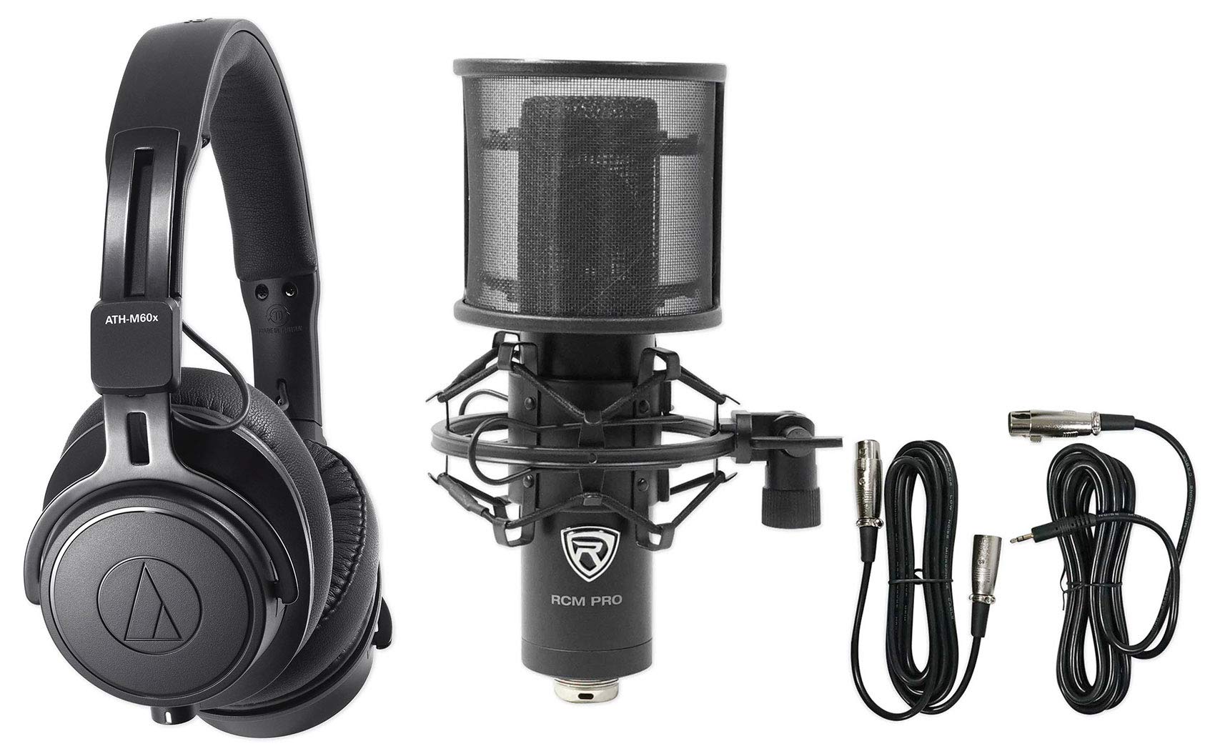 Audio Technica ATH-M60X Professional Studio Monitor Headphones with Condenser Microphone & Pop Filter - Perfect for Podcasting, Music Recording & Home Studio Use