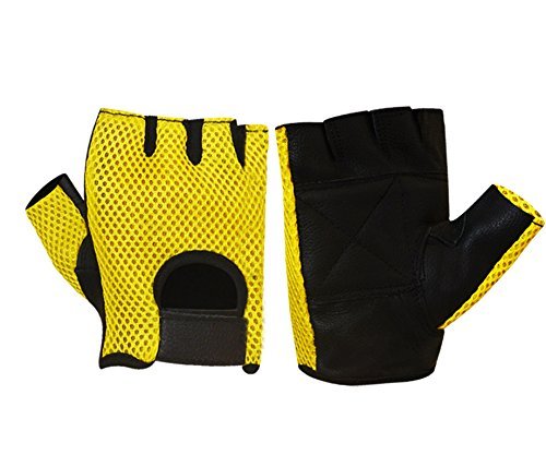 PRIME SPORTS Fingerless Leather Weight Lifting Gloves with Mesh for Gym, Exercise & Wheelchair Use - Breathable & Durable Workout Gloves (Black/Yellow, WLG-021) - Perfect for CrossFit, Bodybuilding & Strength Training