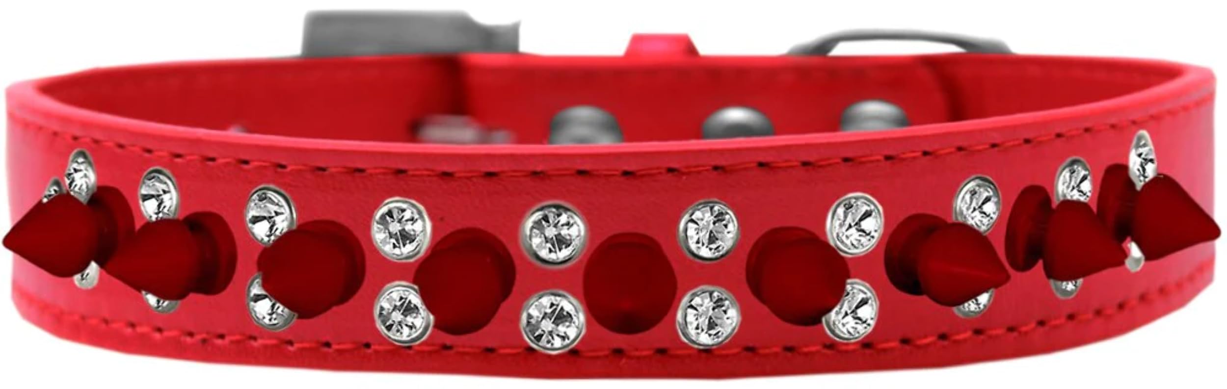 Stylish Pet Dog Spike Collar with Double Crystal & Red Spikes - Adjustable Red Leather Dog Collar for Small Medium Large Dogs - Perfect for Punk Fashion, Halloween Costumes & Daily Walks