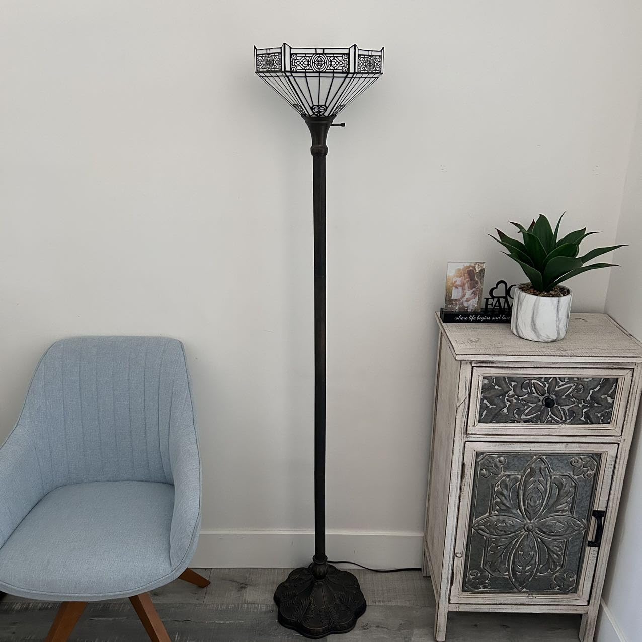 Tiffany Torch Floor Lamp - White Stained Glass Hexagon Mission Style - 12