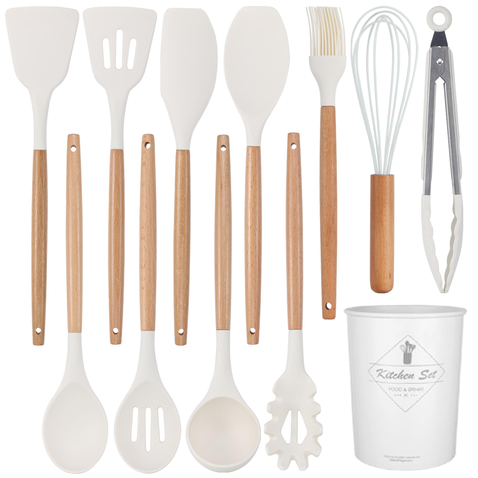 12-Piece Silicone Cooking Utensil Set with Wooden Handles - Non-Stick, Heat Resistant up to 446°F, BPA-Free (Milk White) - Includes Spatula, Turner, Spoon, Tongs & Whisk - Perfect for Baking, Frying & Everyday Kitchen Use