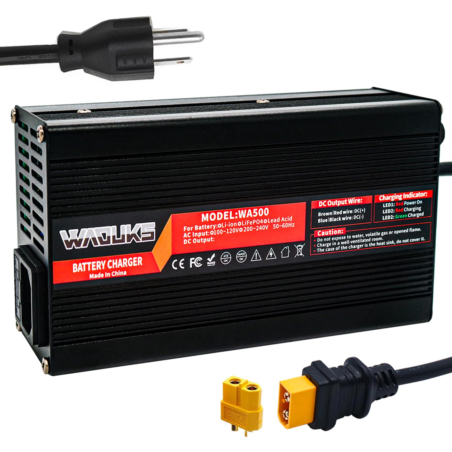 50.4V 6A Lithium Battery Charger with Cooling Fan & Aluminum Case - XT60 Male Connector for 12S 44.4V Li-ion Batteries - Perfect for Ebikes, Scooters, and Power Tools