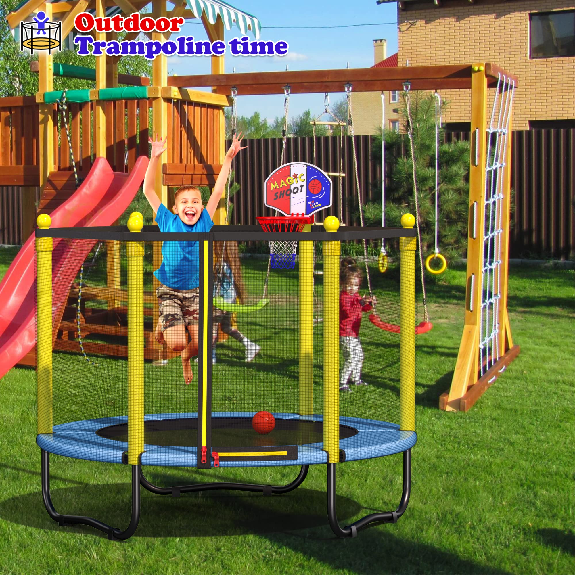 **5FT Kids Trampoline with Safety Enclosure Net & Basketball Hoop - Indoor/Outdoor Recreational Trampoline for Toddlers, Birthday & Christmas Gift for Boys & Girls - Perfect for Backyard Play, Exercise & Family Fun**