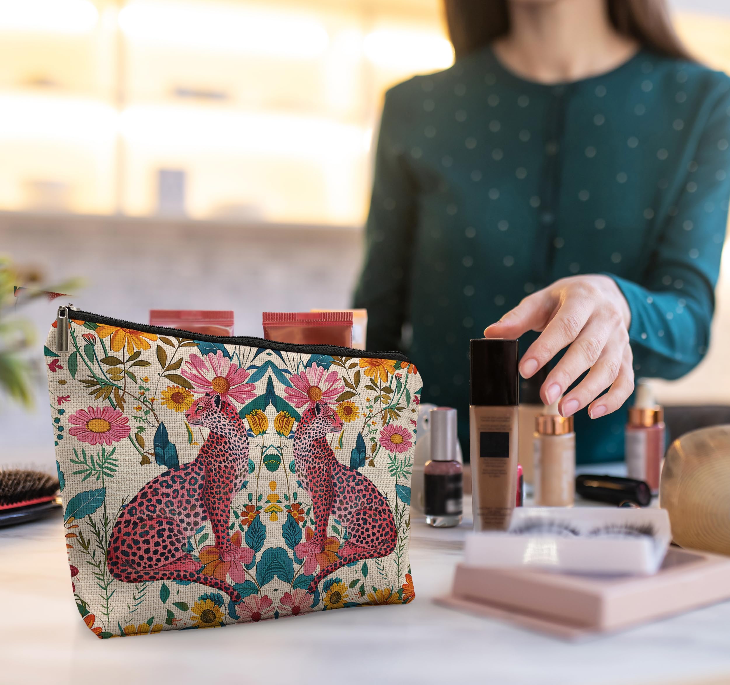 Floral Leopard Print Makeup Bag - Hot Pink Preppy Cheetah Cosmetic Pouch for Women | Perfect for Travel, Gym & Everyday Use