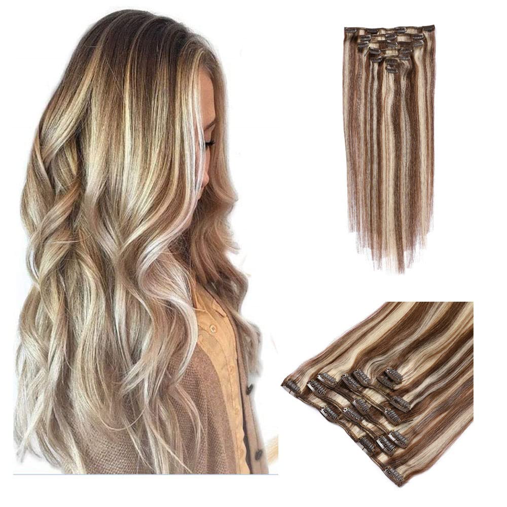22 Inch Human Hair Clip-In Extensions - Balayage Chestnut Brown to Bleach Blonde Highlights | Soft Straight Thick Hair Wefts for Women | Perfect for Parties, Weddings & Daily Styling