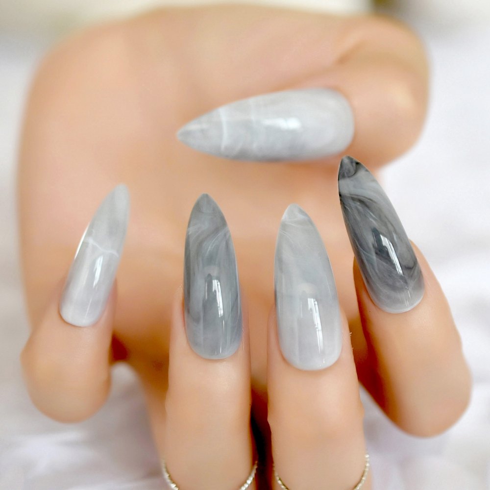 24 Count Extra Long Stiletto Press On Nails - Grey Marble Stone Pattern, Dark Shiny Pointed Fake Nails for Women | Perfect for Parties, Weddings & Special Occasions