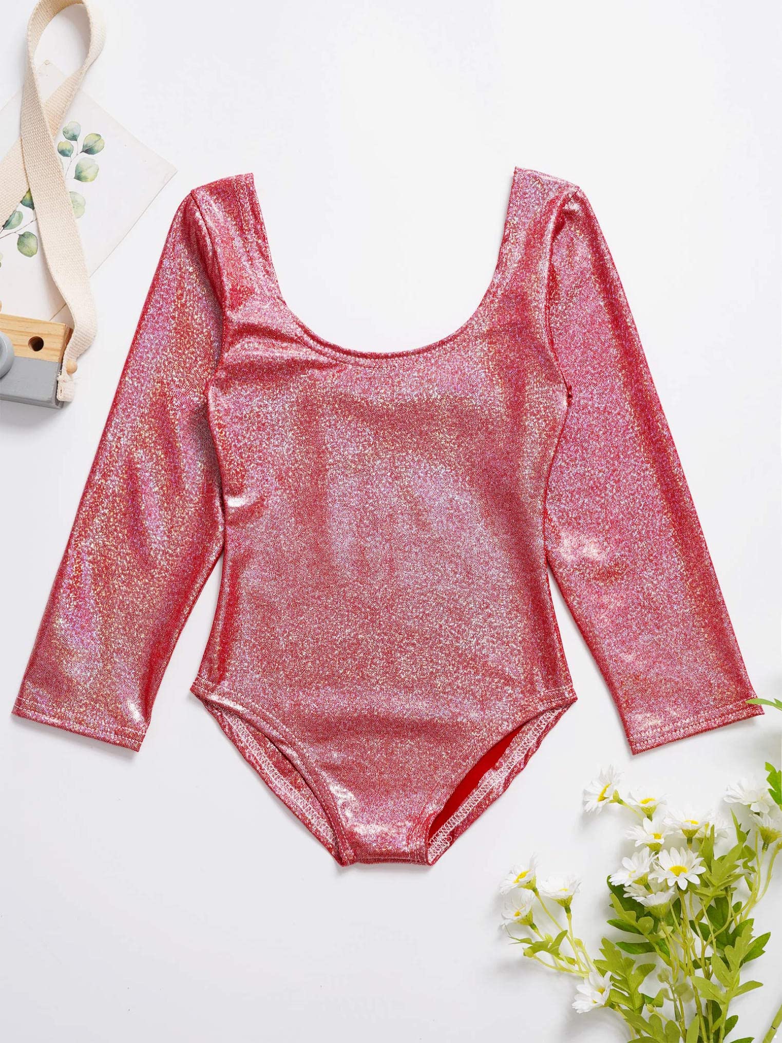 Yeahdor Girls Long Sleeve Shiny Metallic Ballet Leotard - Gymnastics Dance Bodysuit One-Piece Sport Jumpsuit for Ballet, Gymnastics & Performance