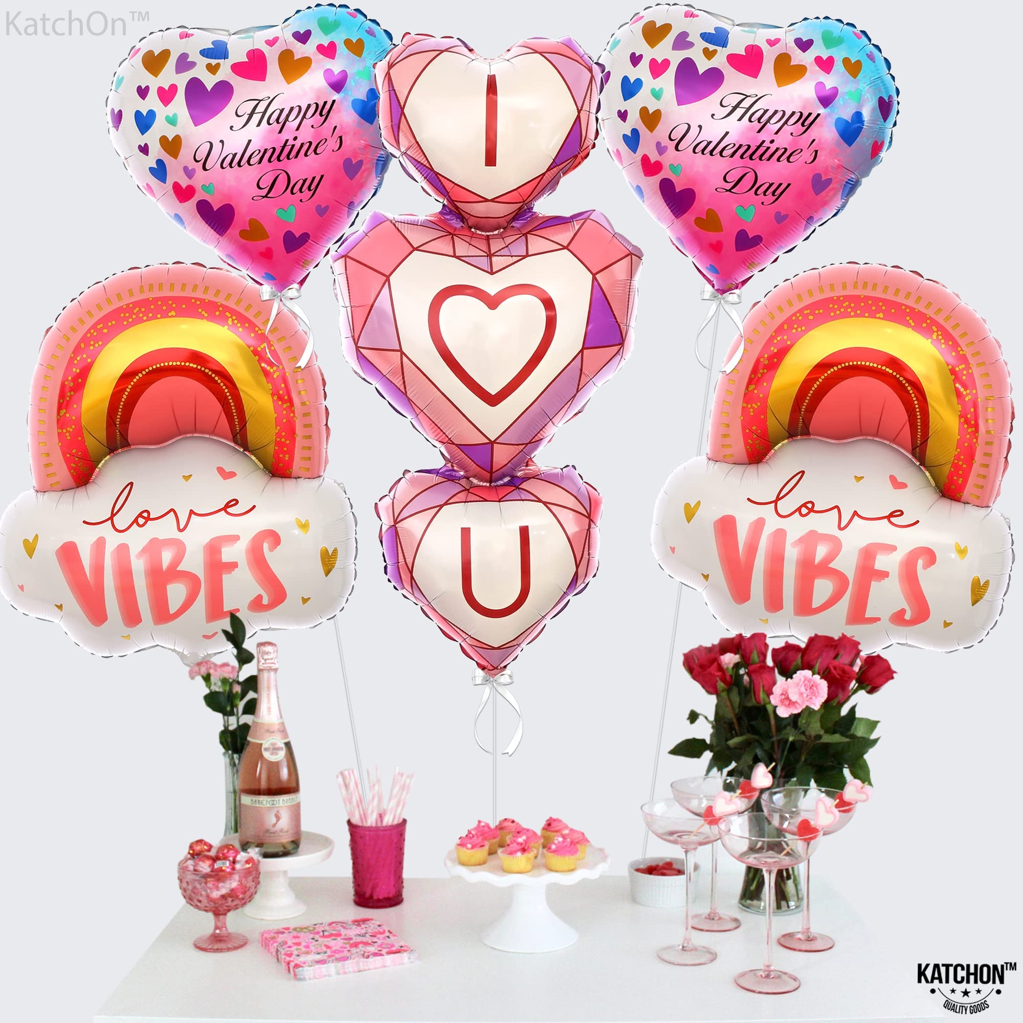 KatchOn 44 Inch Pink Heart & Rainbow Foil Balloons - Giant 'I Love You' Valentine's Day Balloons for Party Decorations | Perfect for Valentine's Day, Galentine's Day, Wedding, Anniversary & Romantic Proposals