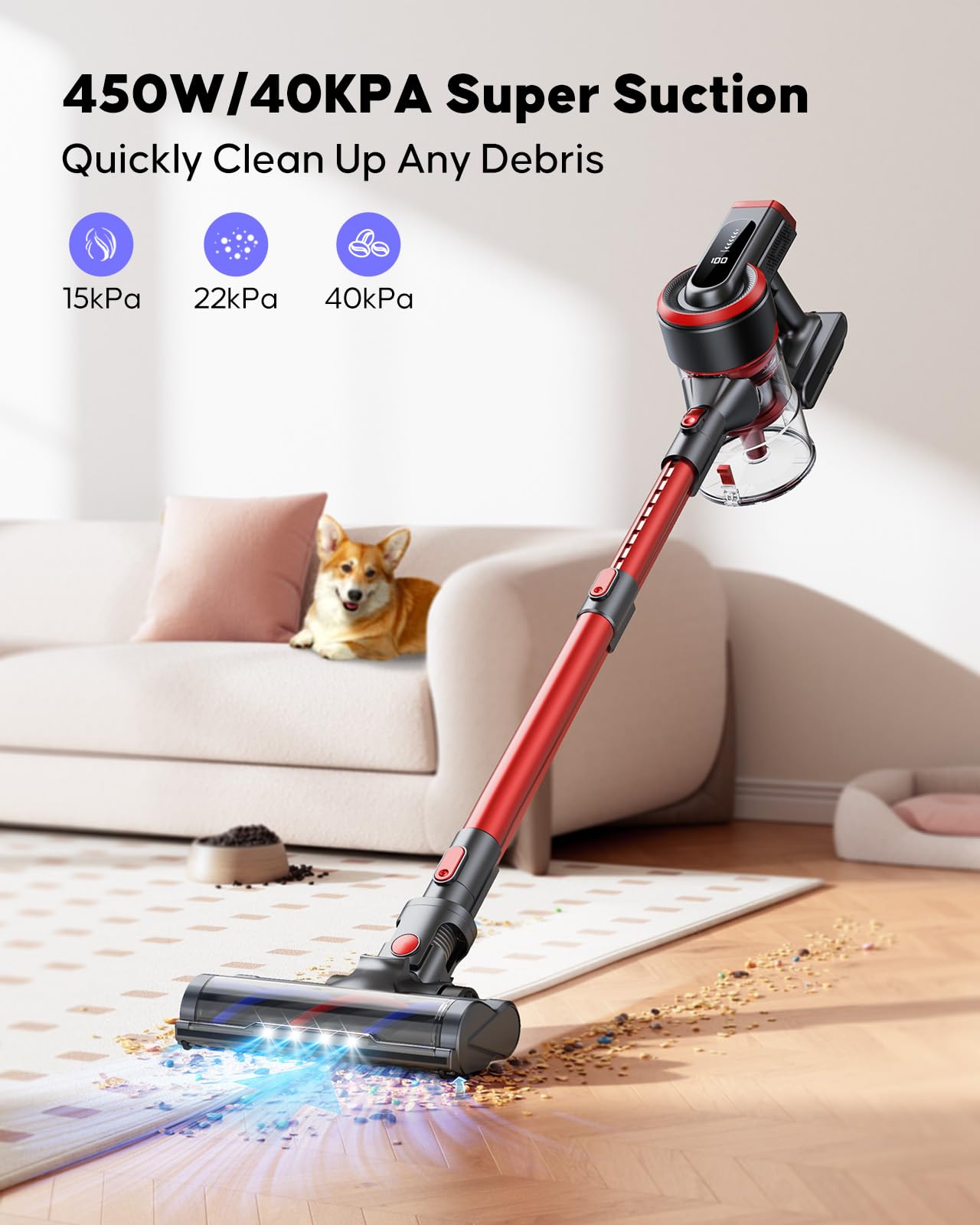 Powerful Cordless Vacuum Cleaner - 40kPa/450W Stick Vacuum with 55 Min Runtime, LED Touch Screen & Anti-Tangle Tech - Includes Charging Station for Carpets, Hard Floors & Pet Hair - Perfect for Home Cleaning, Pet Owners & Quick Pickups