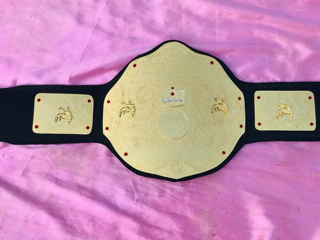 WWF Big Gold World Heavyweight Championship Wrestling Replica Belt - 2mm Gold Plated Brass, Black Leather Strap - Perfect for Cosplay, Collectors & Wrestling Fans