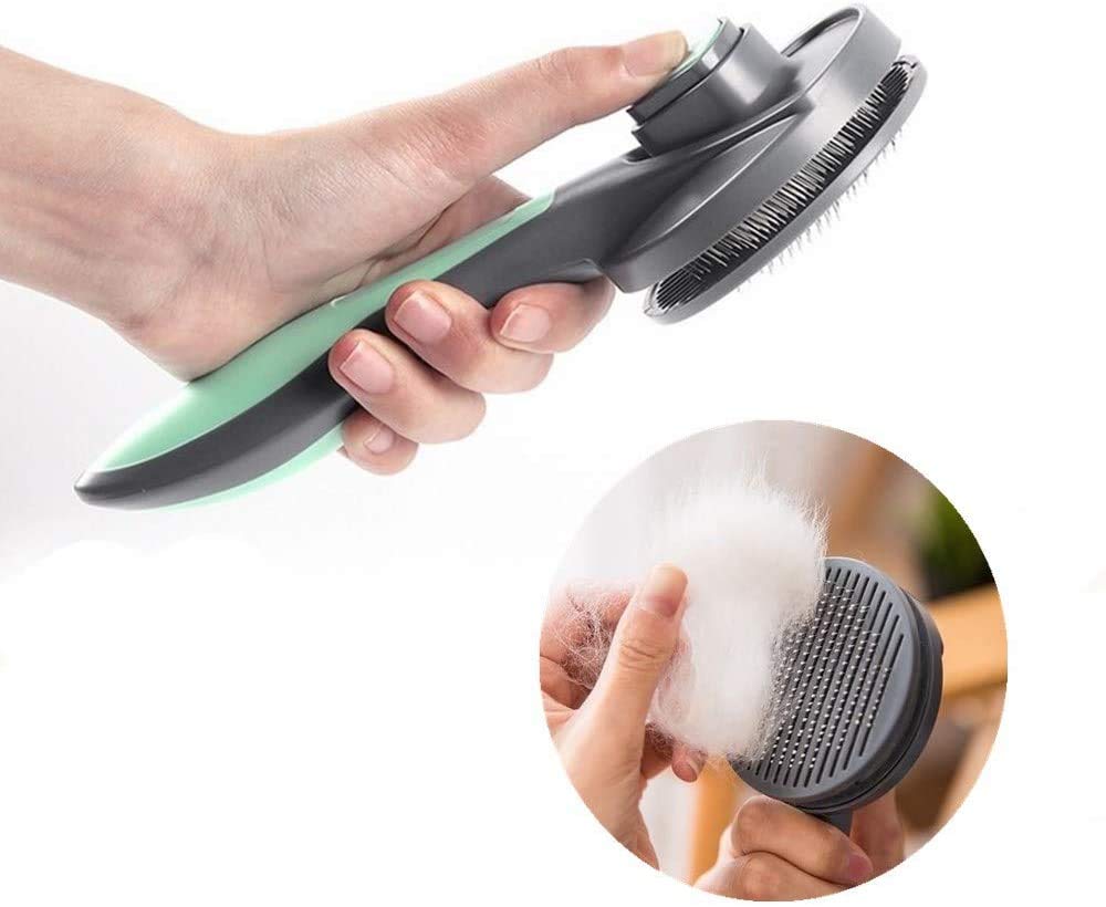PAKEWAY Self-Cleaning Cat & Dog Grooming Brush with Release Button - Gentle Pet Hair Brush for Short, Medium & Long Haired Cats - Perfect for Indoor Cats & Home Grooming (Green)