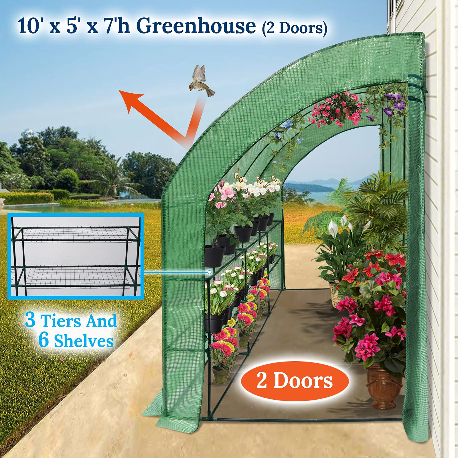 BenefitUSA Large Walk-in Greenhouse 9.8x4.85x7 Feet with 3 Tiers & 6 Shelves - Durable Outdoor Gardening Greenhouse with 2 Doors (Green) - Perfect for Growing Vegetables, Flowers & Herbs in Backyard or Patio