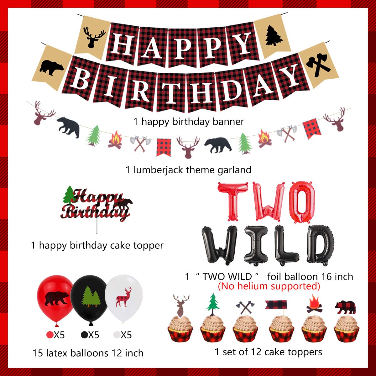 Lumberjack 2nd Birthday Party Decorations for Boys - Two Wild Themed Decor Set in Black & Red Buffalo Plaid - Complete 2nd Birthday Party Supplies for Outdoor, Camping or Rustic Theme Celebrations