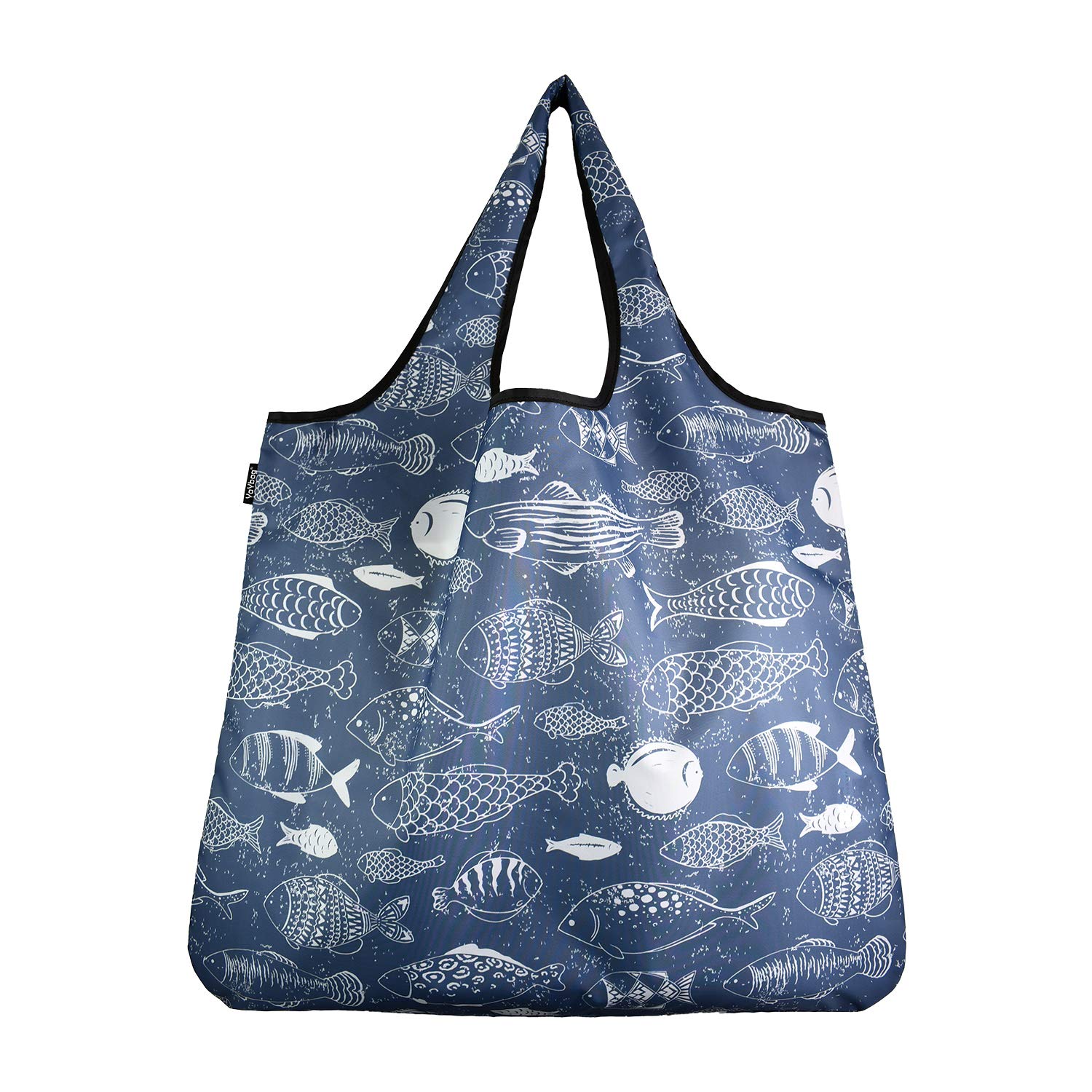 Jumbo Reusable Shopping Bags - Heavy Duty 55 lbs Capacity, Washable & Foldable Grocery & Produce Bags - Eco-Friendly Doodle Fish Design for Grocery Shopping, Farmers Market & Travel