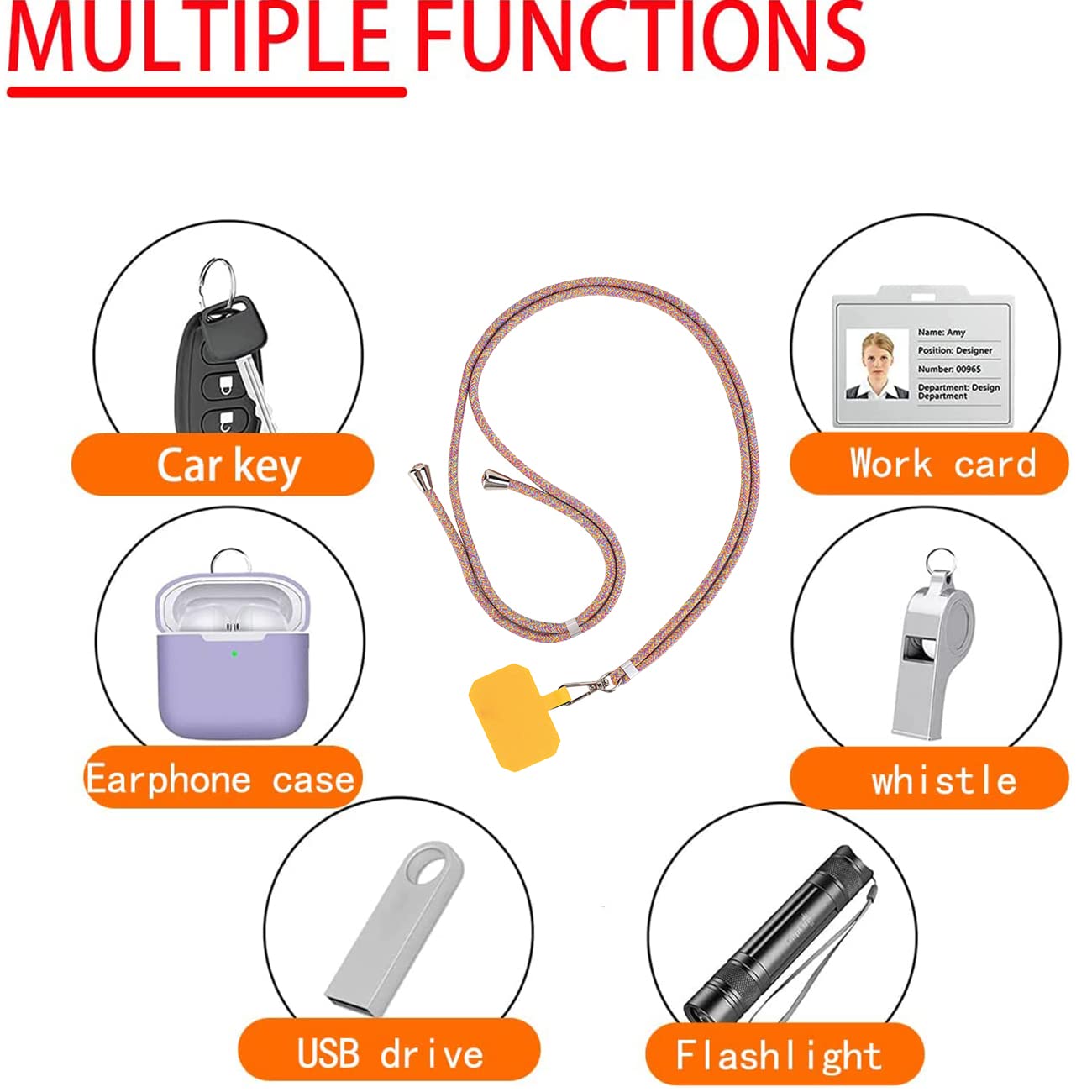 Adjustable Nylon Phone Lanyard Strap - Crossbody Neck & Wrist Strap with 5 Phone Patches - Compatible with Most Smartphones (Red Rainbow) - Perfect for Travel, Work, Concerts & Outdoor Activities