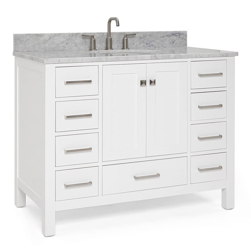 Ariel Cambridge 43 Inch White Bathroom Vanity with Sink - Solid Wood Vanity Cabinet, Carrara Marble Countertop & Oval Undermount Single Sink - 2 Soft Closing Doors & 9 Drawers - Perfect for Modern Bathroom, Master Bath, or Powder Room Remodel