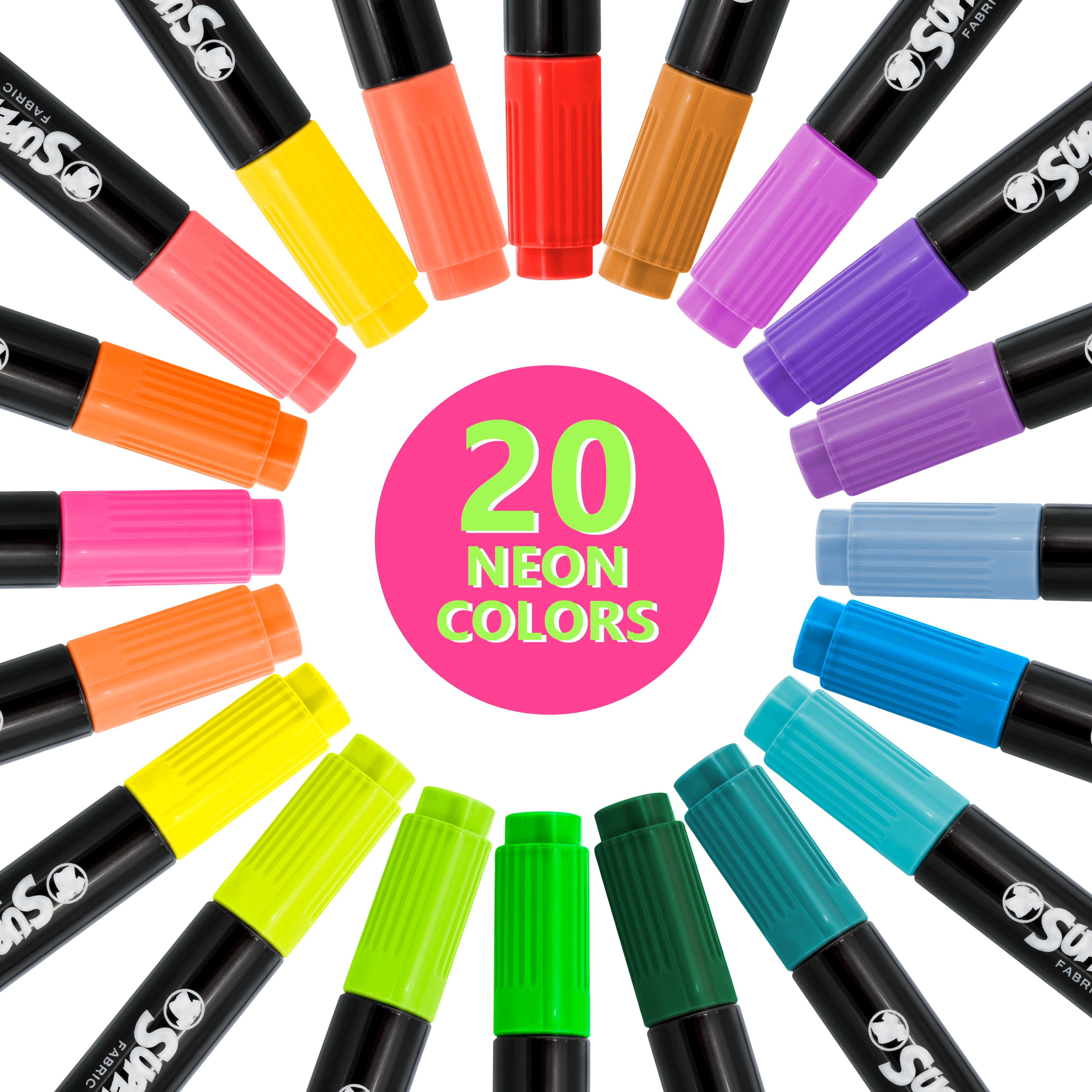 20 Unique Neon Colors Dual Tip Fabric & T-Shirt Markers Set - Chisel & Fine Point Tips for DIY Crafts, Clothing Customization & Art Projects