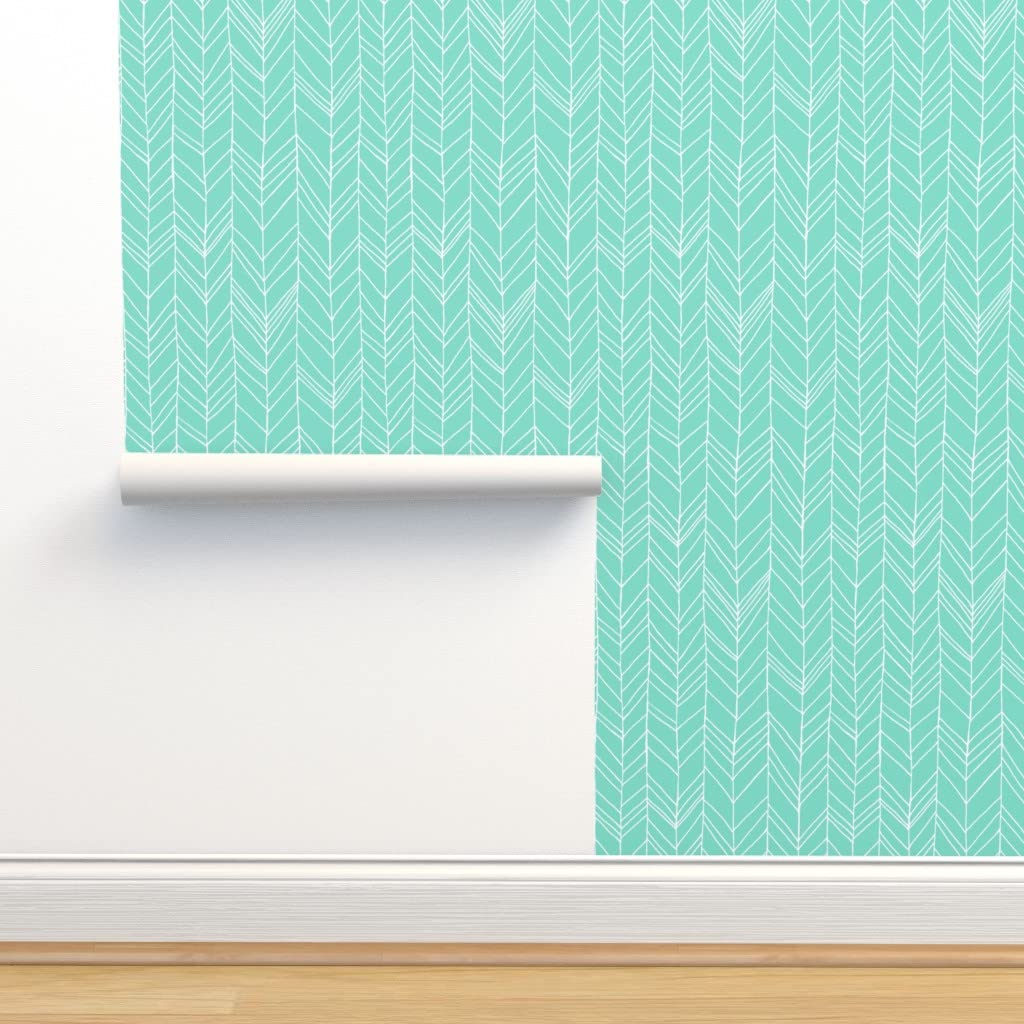 Peel & Stick Removable Wallpaper - 9ft x 2ft Mint White Chevron Herringbone Geometric Pattern - Self-Adhesive DIY Home Decor for Bedroom, Living Room & Office by Spoonflower