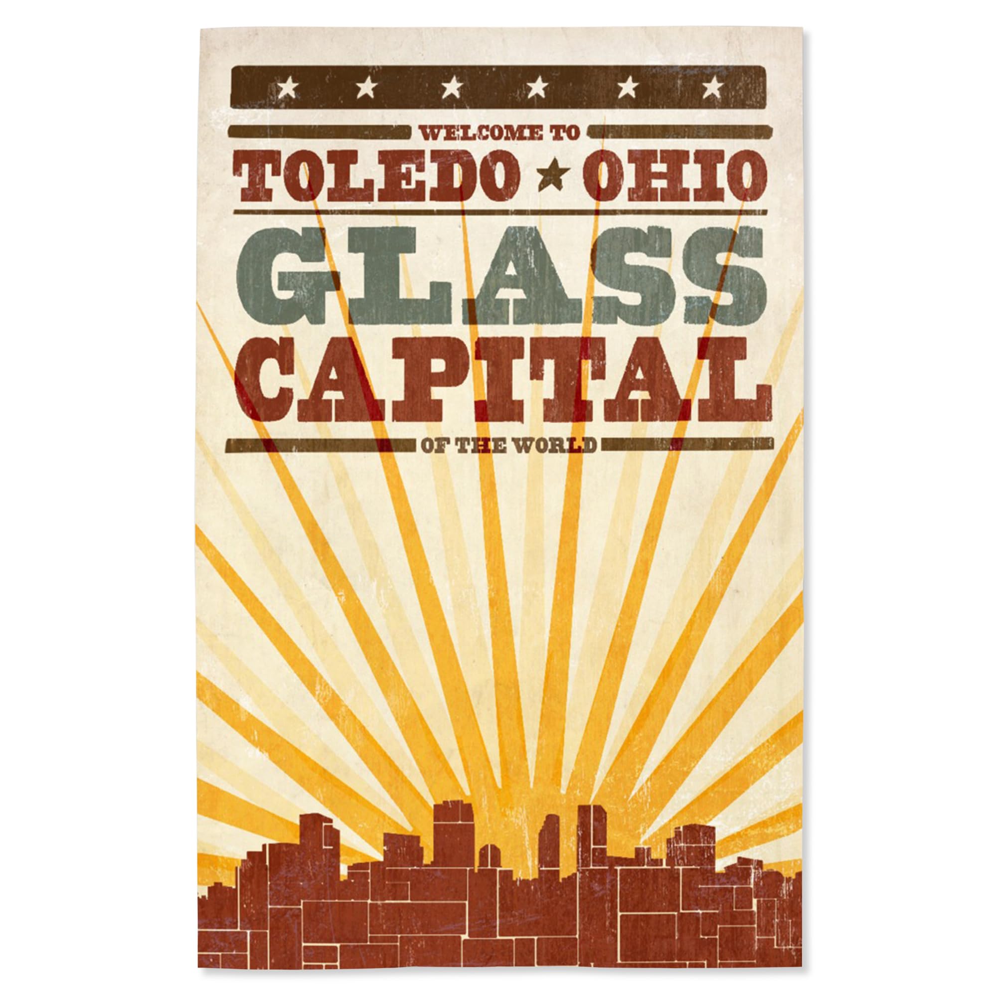 Lantern Press 16x24 Inch Giclee Art Print - Toledo Ohio Skyline & Sunburst Screenprint Style Wall Decor - Perfect for Living Room, Office or Gift