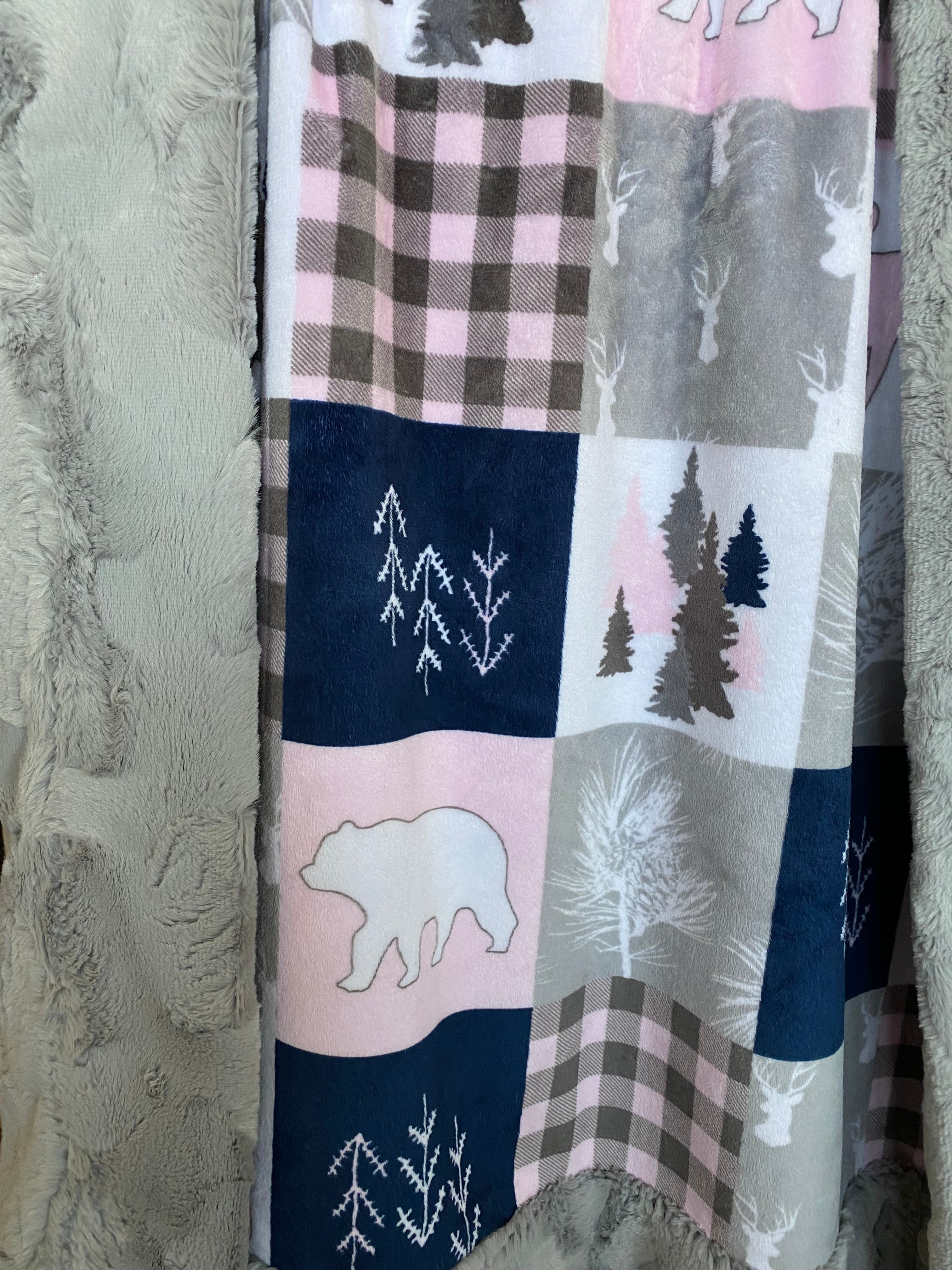 Blush Pink Cabin Quilt with Silver Hide & Pillowcase - 13x18 for 12x18 Pillow - Soft Minky Baby Blanket 34x40 - Perfect for Nursery, Crib, and Cozy Bedroom Decor