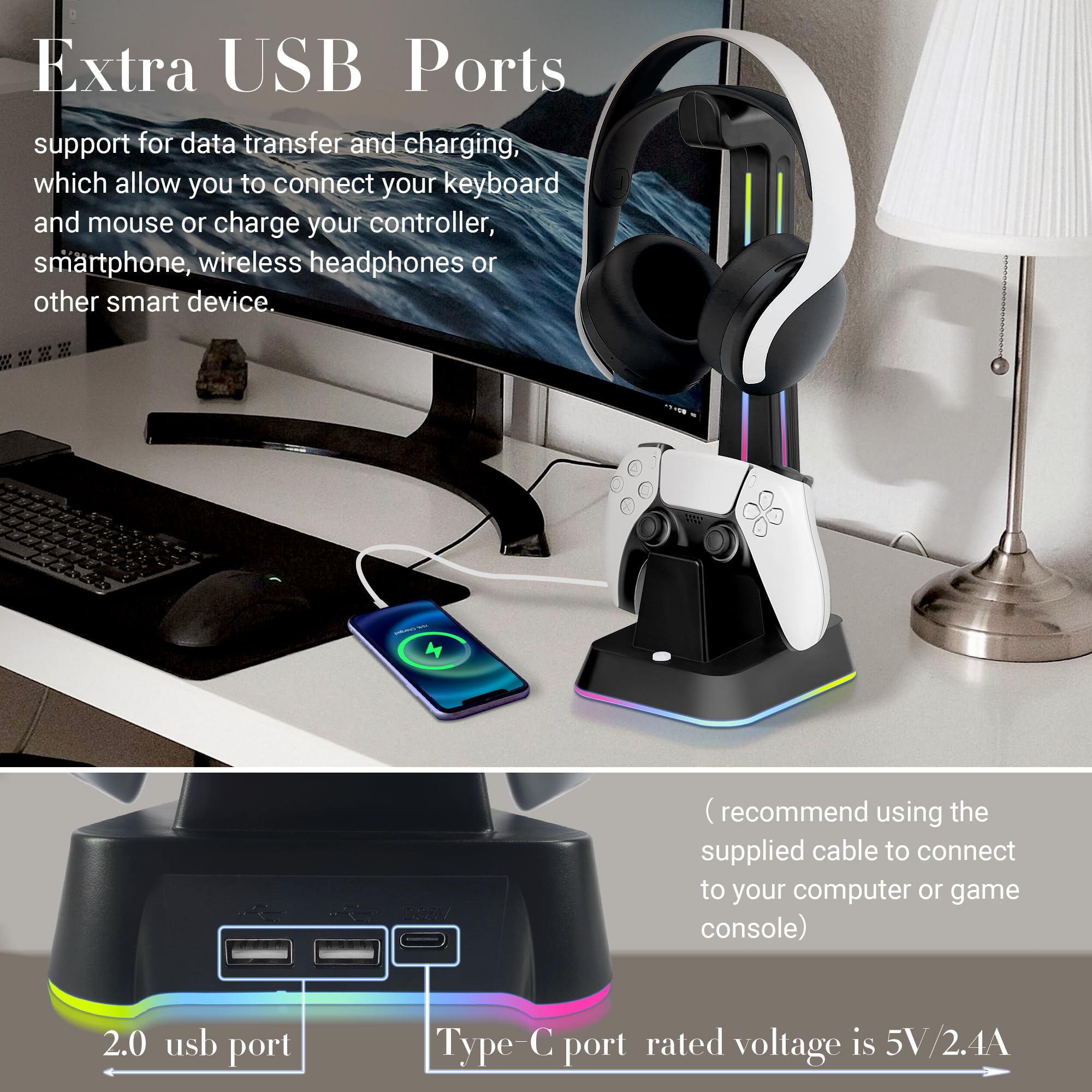 PS5 Controller Charger Station with RGB Headphone Stand & 2 USB Ports - Dual Charging Dock for PlayStation 5 Controllers & Headset - Black | Gaming Accessories for Organized Playstation 5 Setup