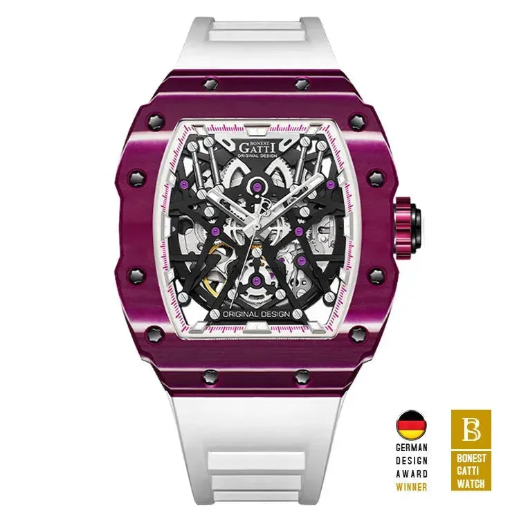 BONEST GATTI Men's Automatic Watch - Luxury Mechanical Wristwatch with Luminous Carbon Fiber Bezel, Tonneau Titanium Case & Fluororubber Strap - Perfect for Business, Formal Events & Everyday Wear