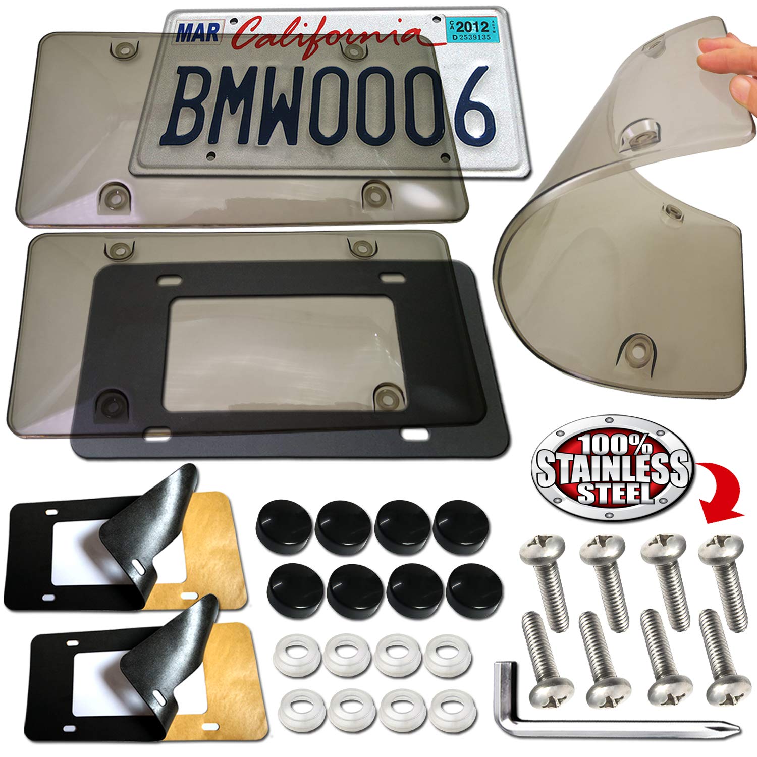 Clear Aootf License Plate Covers - 2 Pack Unbreakable Tinted Smoked Black Bubble Protectors with Stainless Steel Screws, Black Caps & Anti-Rattle Foam Pads | Durable Car Accessories for Vehicle Protection & Customization