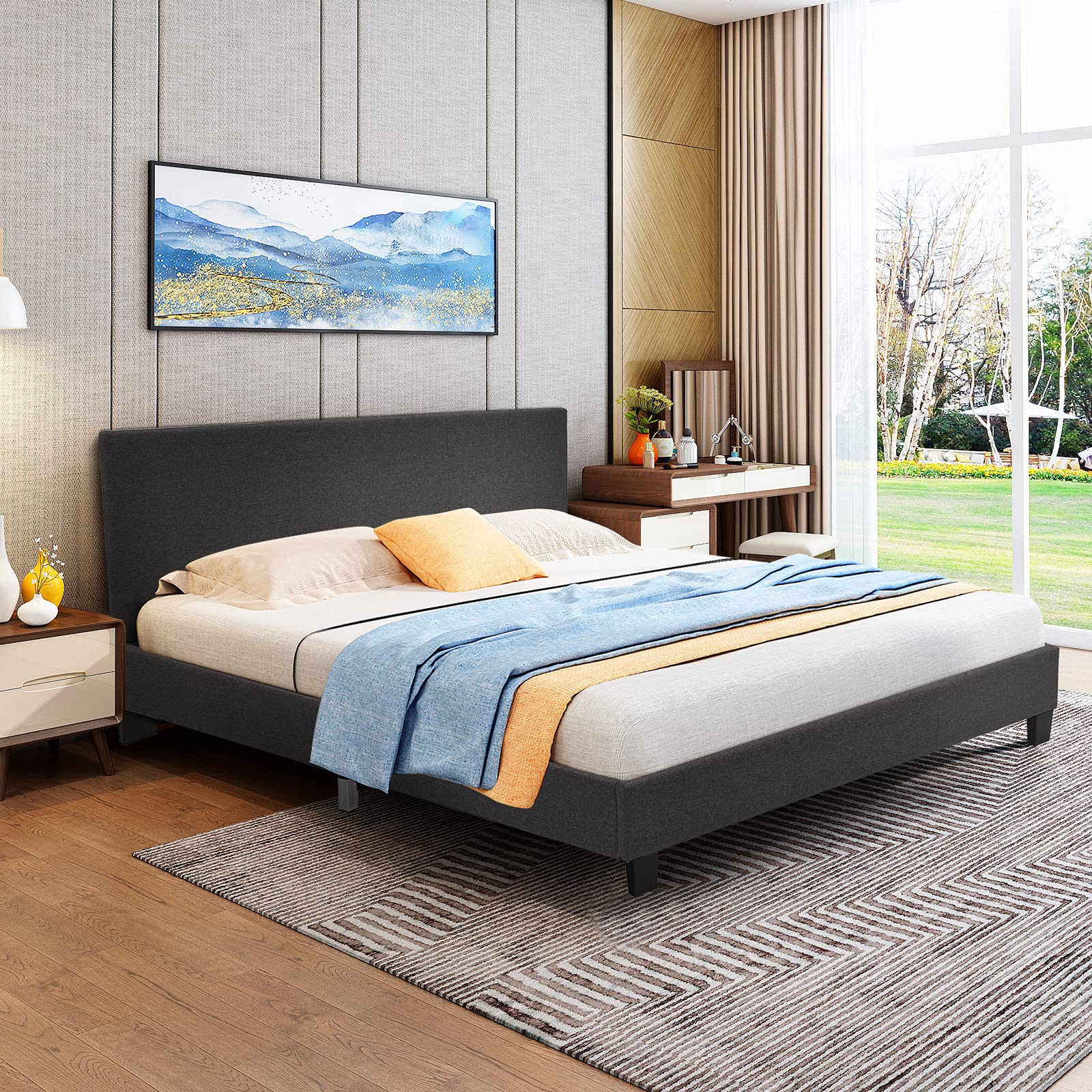 Giantex Full Size Upholstered Platform Bed Frame with Headboard - Heavy Duty Wooden Slat Support, No Box Spring Needed - Easy Assembly Bedroom Furniture for Master Bed, Guest Room & Dorm