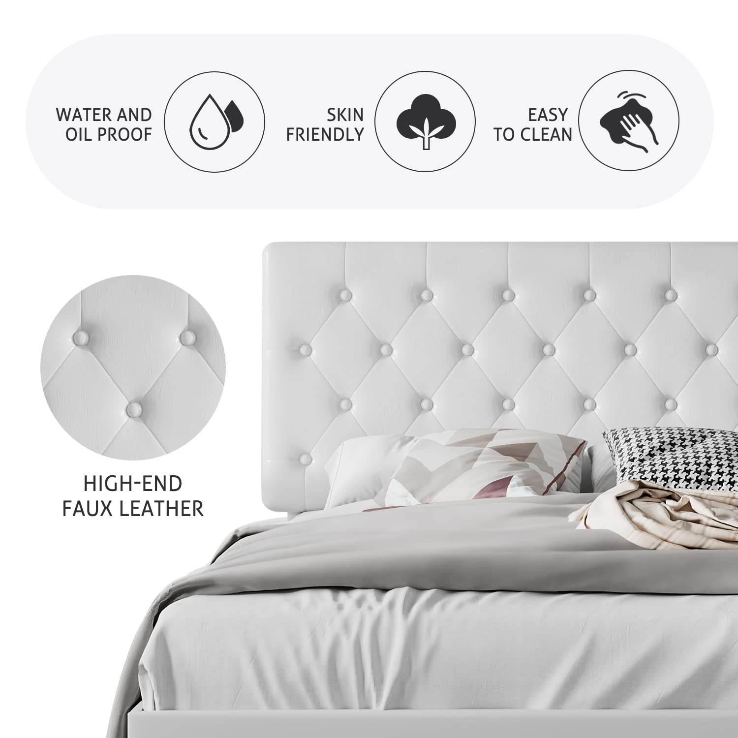 Queen Size Bed Frame with Button Tufted Headboard - Faux Leather Upholstered Platform Bed with Wooden Slat Support, No Box Spring Needed (White) - Perfect for Modern Bedrooms, Guest Rooms & Small Spaces