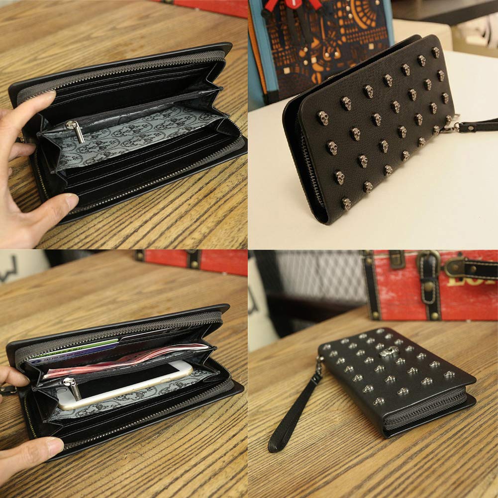 Gothic Punk PU Leather Skull Studded Card Holder Wallet for Men & Women - Stylish Zipper Purse, Clutch Handbag & Wristlet - Perfect for Night Out, Concert & Alternative Fashion