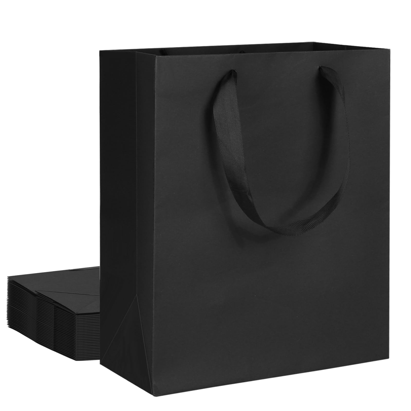 12 Pack Black Gift Bags with Ribbon Handles - 8x4.75x10 Inch Medium Kraft Paper Bags for Party Favors, Business Gifts, Weddings, Holidays & Christmas - Perfect for Birthday Parties, Corporate Events and Festive Celebrations