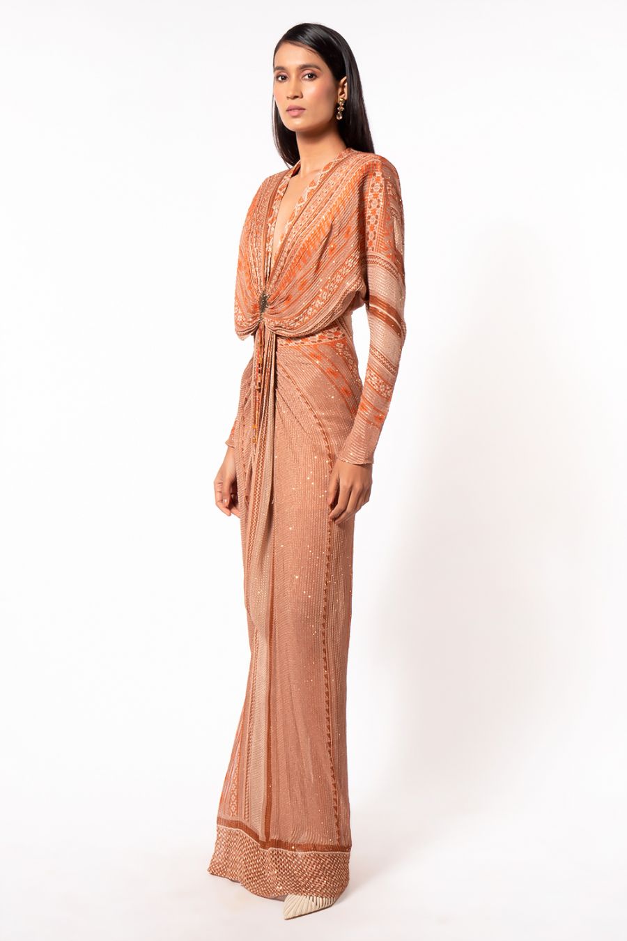 Elegant Dark Beige Floral Print Draped Maxi Dress for Women - Perfect for Beach Vacations, Summer Parties & Date Nights