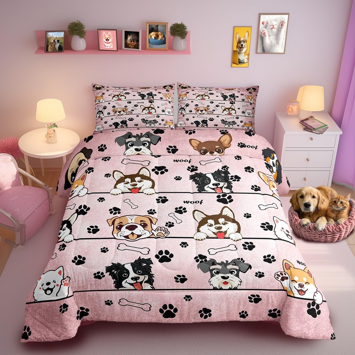 Cute Dog Twin Comforter Set - Soft Cartoon Puppy Bedding for Kids' Room Decor, 2 Pcs