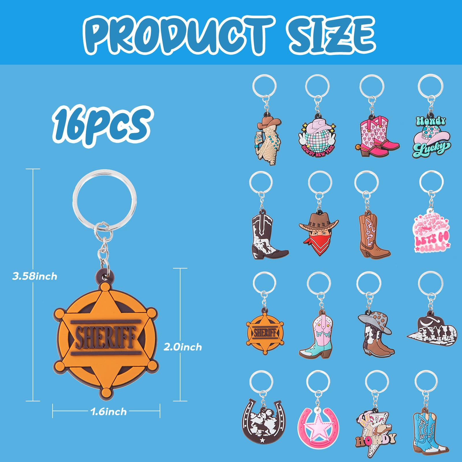 16pcs Cowboy Keychain Keyring Set - Durable Silicone Key Rings for Kids, Boys & Girls - Western Party Favors, Gifts & Accessories - Perfect for Birthday Parties, School Events & Cowboy Themed Decorations