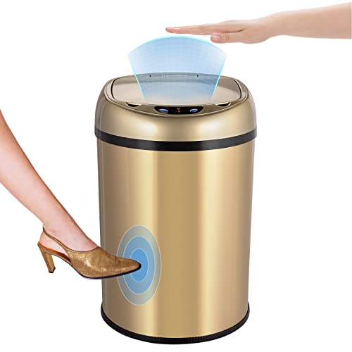 CONIMPO 3.5 Gallon Automatic Touchless Trash Can - Stainless Steel Infrared Motion Sensor Garbage Bin with Lid, Smart Sensor Technology for Kitchen, Bathroom, Bedroom, Living Room & Office (Champagne Gold) | Hygienic Hands-Free Waste Disposal Solution for Home and Office Spaces