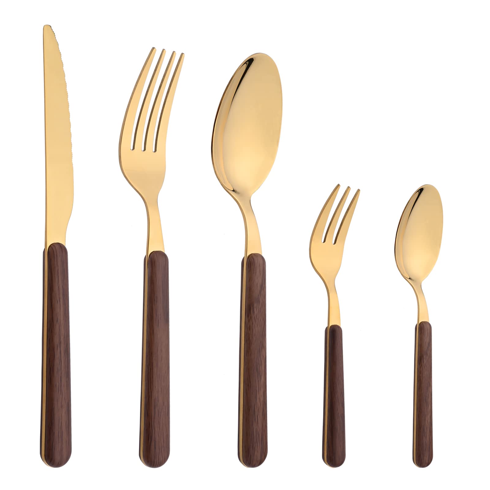 5-Piece Stainless Steel Silverware Set with Faux Wooden Handle - Retro Style Flatware Cutlery Set for Home & Restaurant - Mirror Polished Brown Gold Utensils - Perfect for Dinner Parties, Wedding Gifts & Fine Dining
