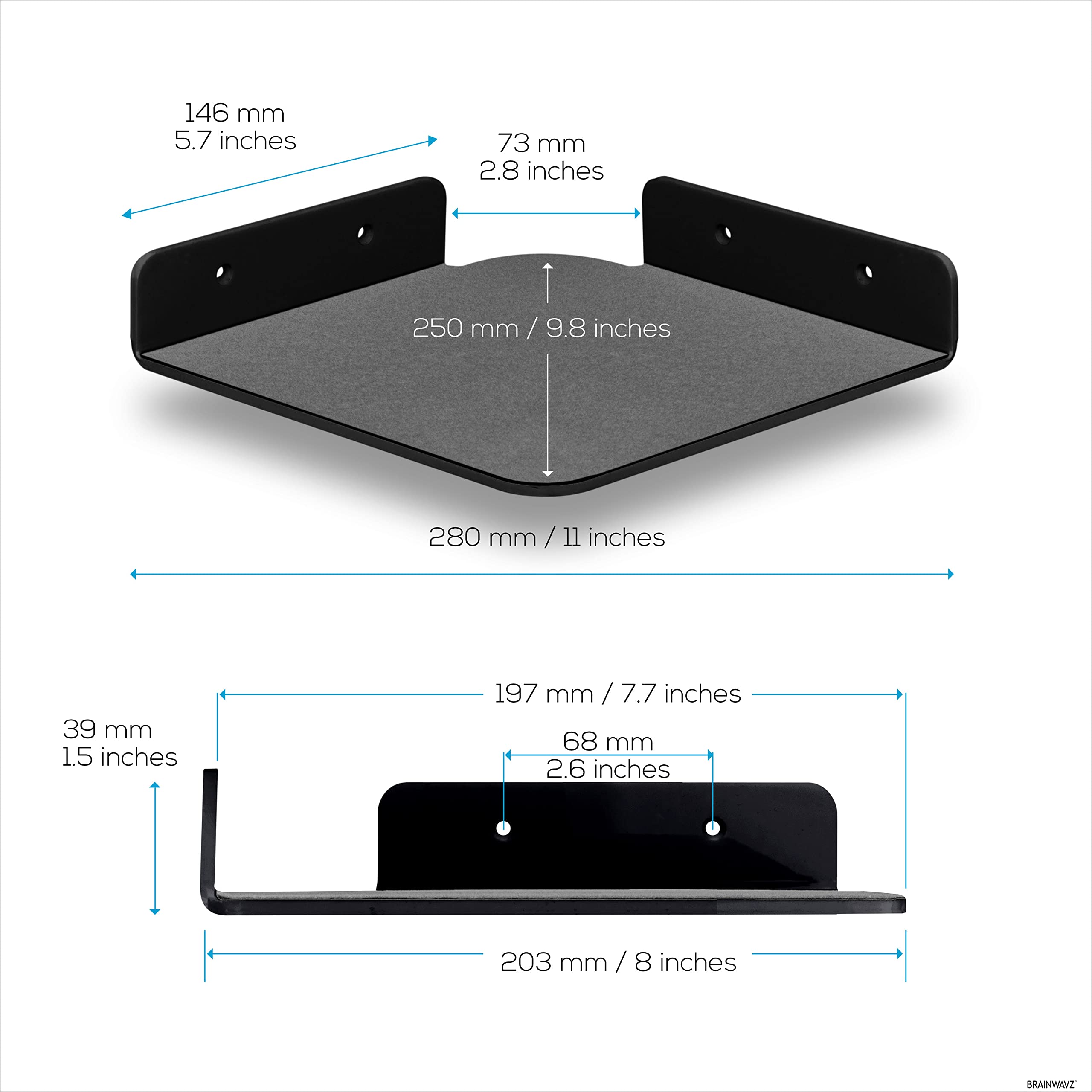 BRAINWAVZ 2-Pack 8-Inch Clear Acrylic Corner Floating Shelves - Universal Wall Mount Shelf for Speakers, Books, Home Decor, Plants, Photos, Kitchen & Bathroom Storage - Space-Saving Display Solution for Small Items & Electronics (Black)