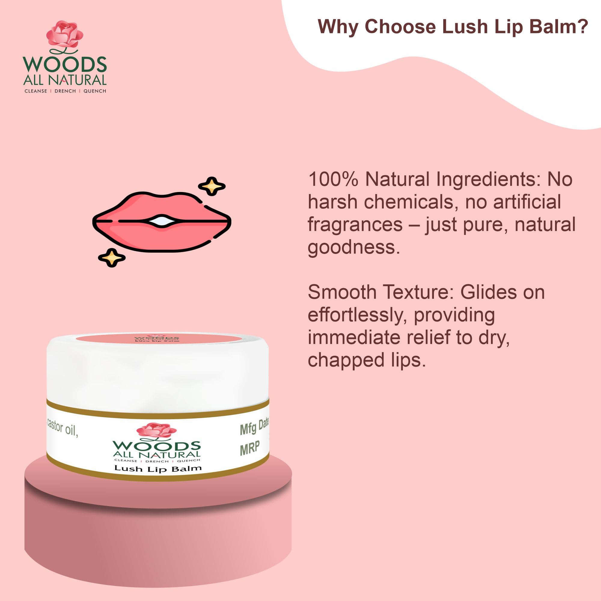 Woods All Natural Lush Lip Balm for Pink Lips - Vitamin E, Shea Butter & Jojoba Oil Lip Care | Hydrating Treatment for Dark & Chapped Lips | SPF Protection | 10g Cosmopolitan | Perfect for Daily Use, Outdoor Activities & Winter Lip Care