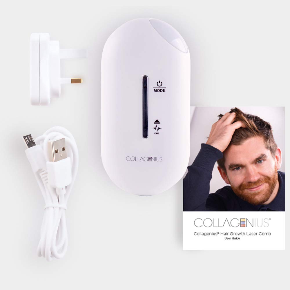 Collagenius Hair Growth Laser Comb for Women & Men - USB Rechargeable with UK Plug, 2 Hours Runtime per Charge - 1 Year Warranty - Effective Hair Regrowth Treatment for Thinning Hair & Baldness - Use at Home for Daily Scalp Therapy & Hair Care Routine