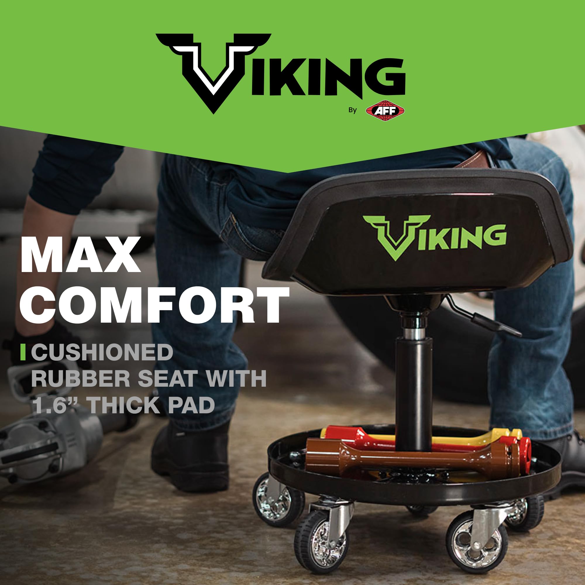 AFF Viking Rolling Shop Stool with Tool Tray - Heavy Duty 300 lbs Capacity Garage Stool on Wheels for Mechanics - Ergonomic Padded Seat - Multiple Styles - Perfect for Auto Repair, Workshop & Industrial Use