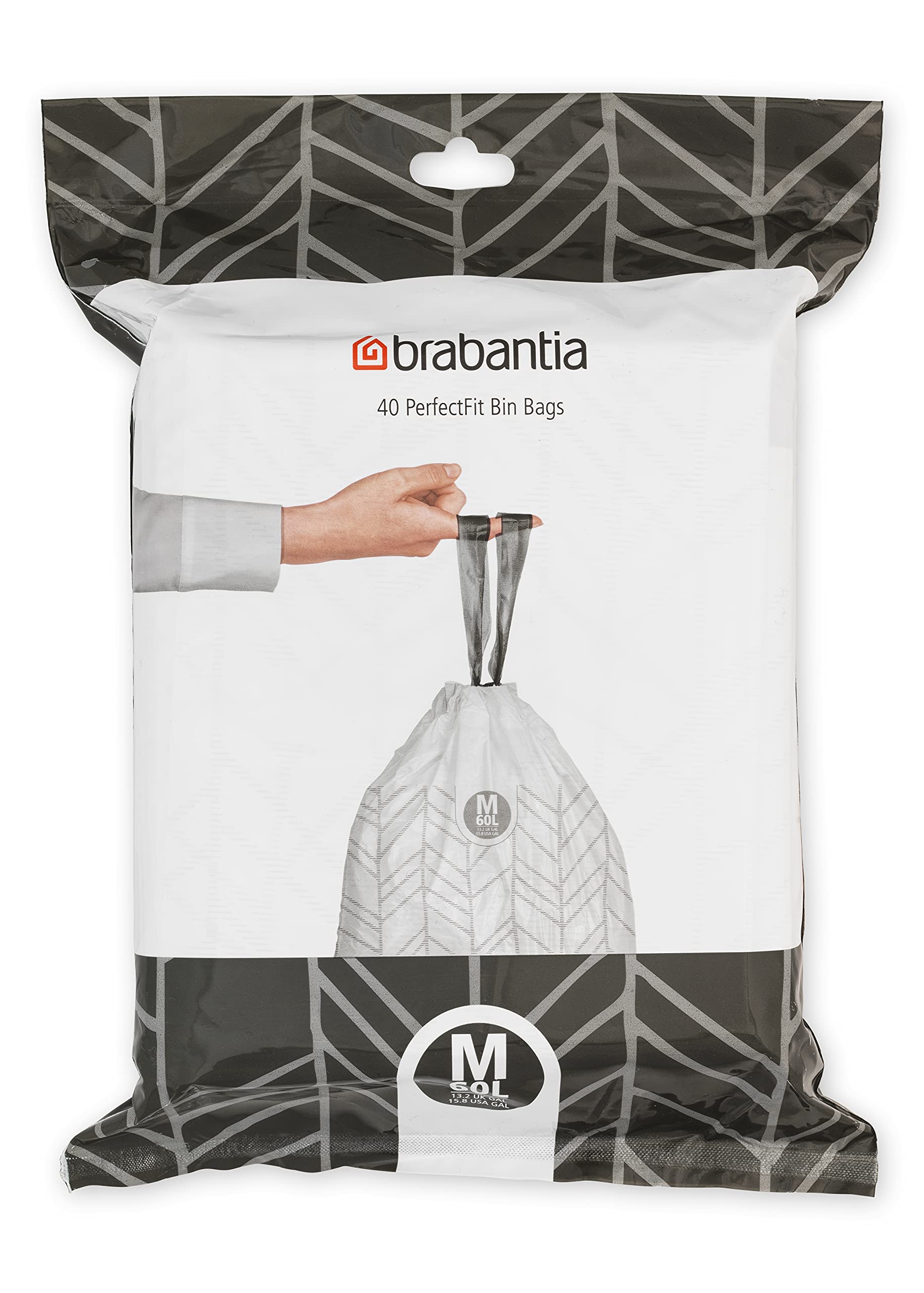 Brabantia PerfectFit Trash Bags - 16 Gallon Medium Size, Thick Plastic Drawstring Trash Can Liners (40 Count) - Ideal for Kitchen, Office & Bathroom Waste Disposal