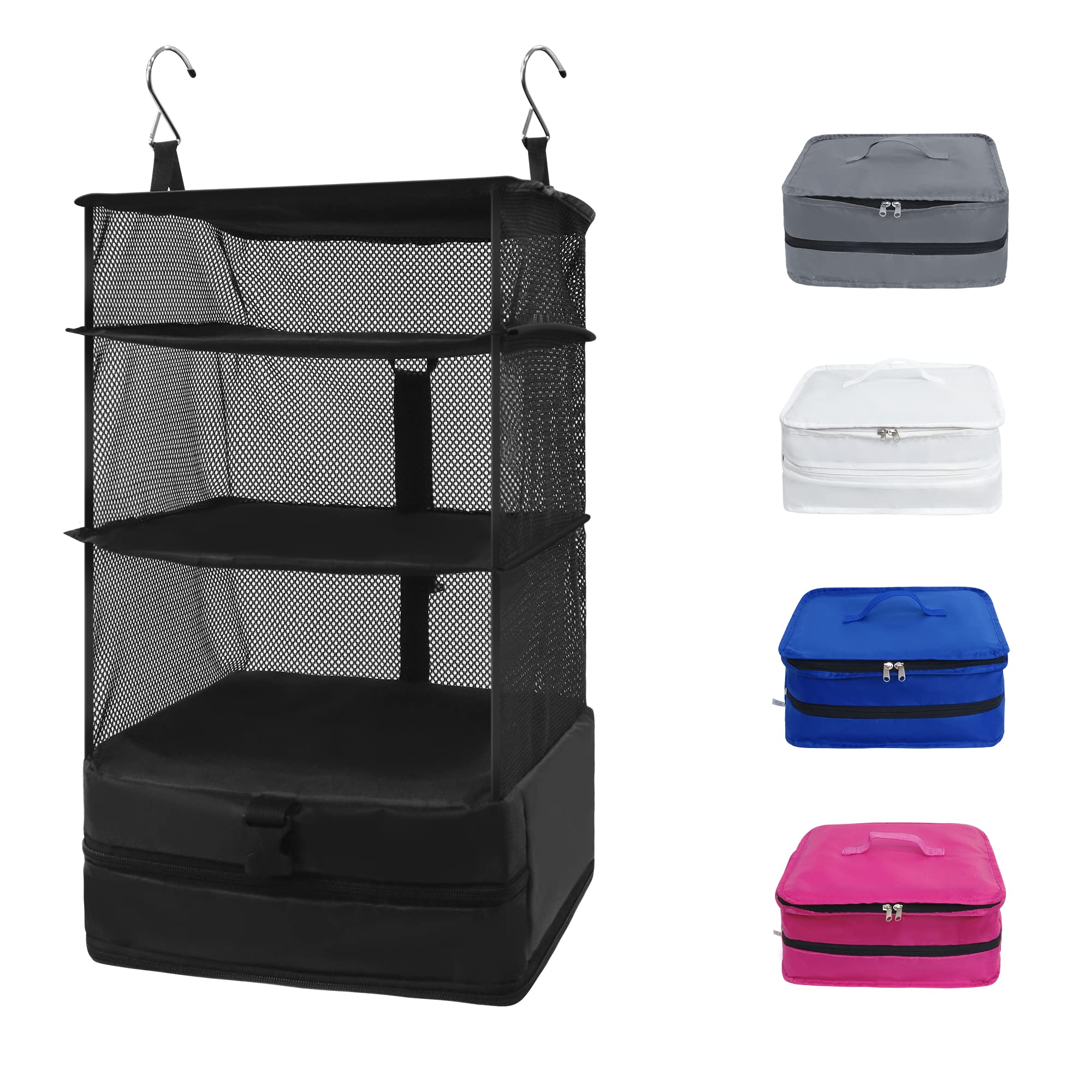 Twira Portable Hanging Travel Shelves Bags - Large Capacity 4-Shelf Suitcase Organizer with 2 Hooks | Collapsible Carry-On Closet Insert for Luggage | Perfect for Business Trips, Vacations & Cruise Packing (Black)